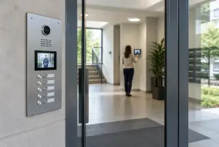Entrée d’immeuble résidentiel équipée d’une platine d’interphone avec caméra et écran vidéo.